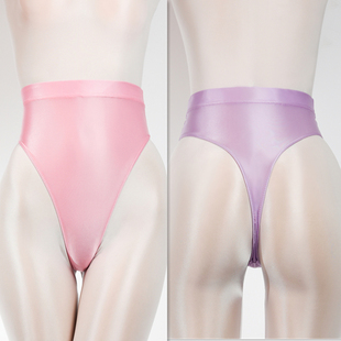 超薄油亮光泽丝滑丁字内裤女高腰性感舍宾高叉紧身高弹大码形体操