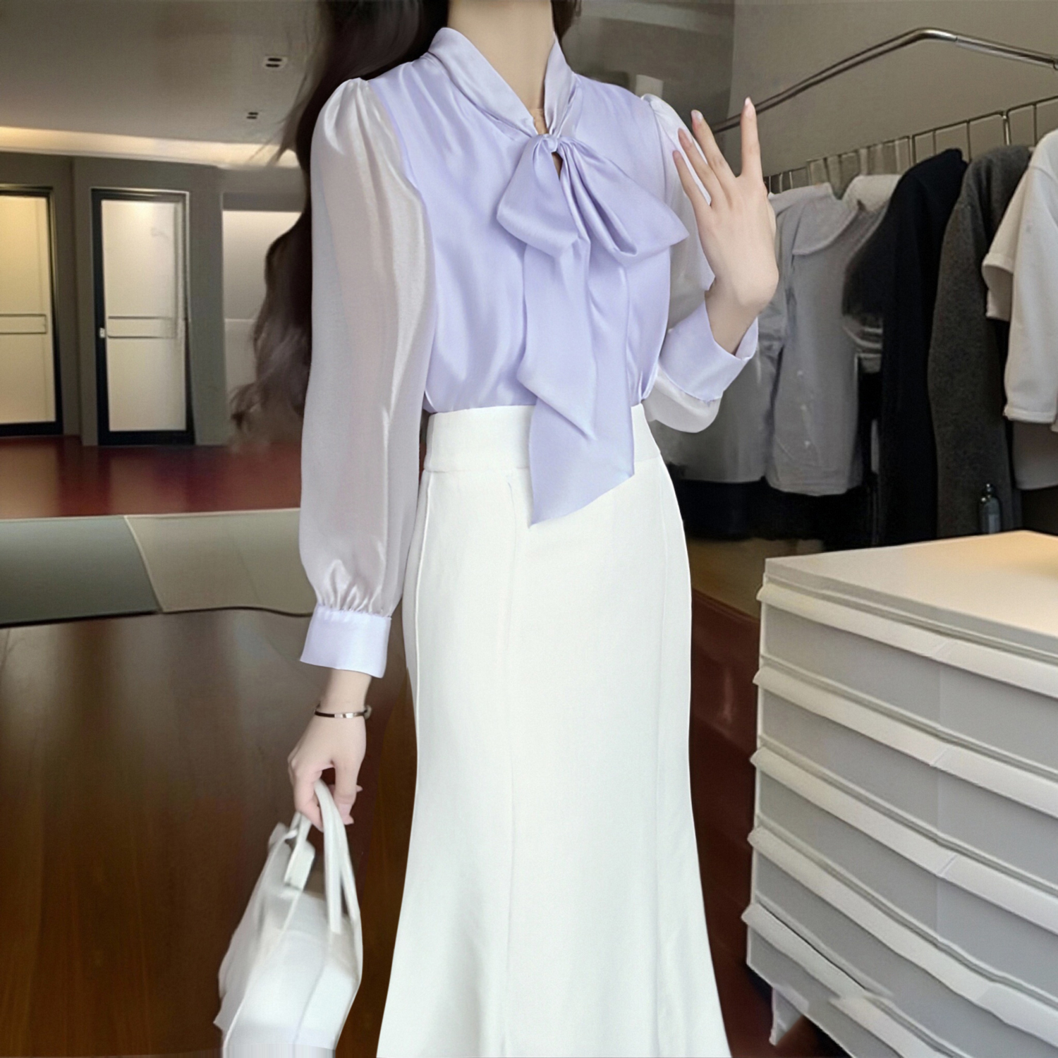 有里布2025秋新款女紫色系带拼接长袖衬衫半身裙套装两件套D3573