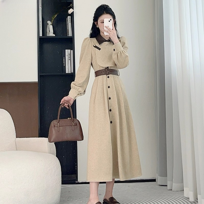 送腰带2025早秋新款女修身高级感连衣裙内搭配大衣长袖长裙TX0121