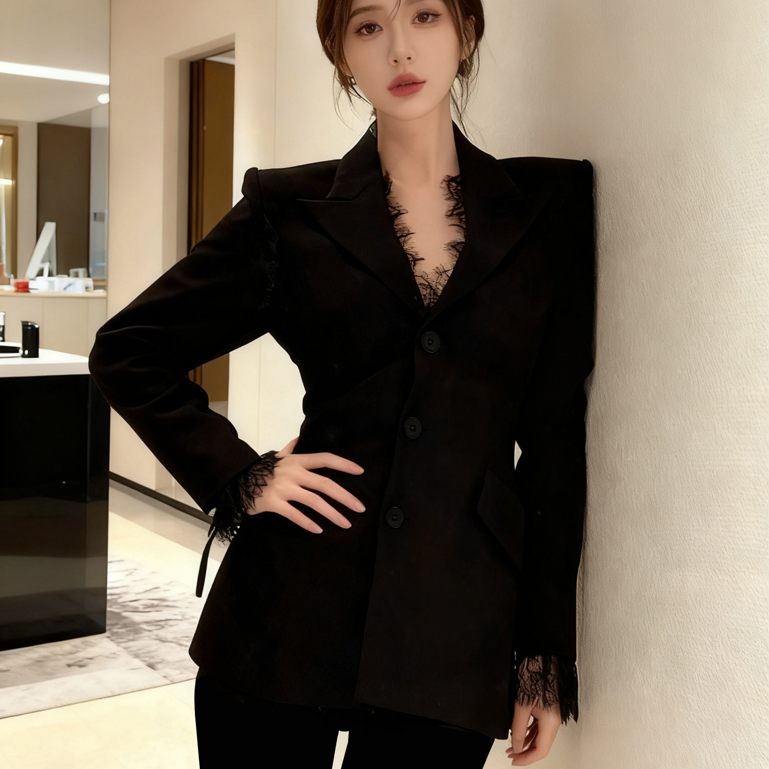 两件套2025秋季新款女蕾丝拼接西装套装高级感韩版名媛气质TX0109