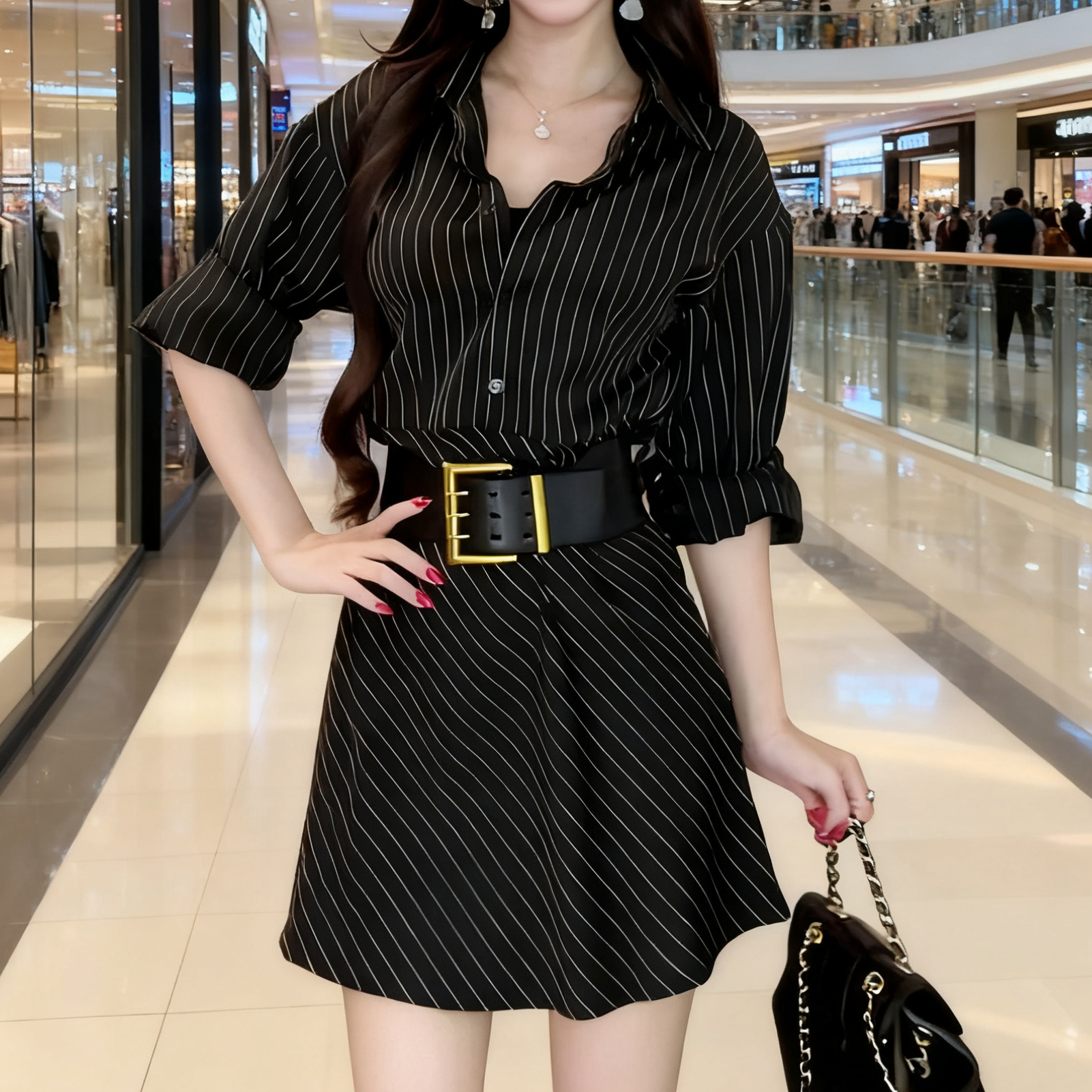 送腰带2025秋季新款女长袖条纹衬衫连衣裙商务气质收腰短裙TX0027