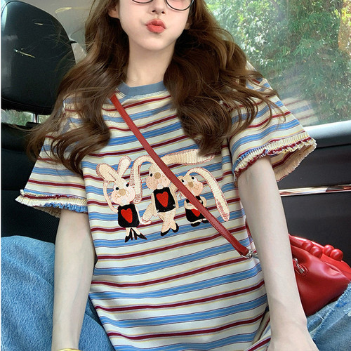 95棉 5氨纶】美式兔子印花短袖t恤女设计感宽松学院风花边上衣潮