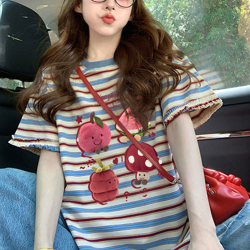 95棉 5氨纶】卡通印花条纹短袖t恤女美式正肩宽松设计感花边上衣