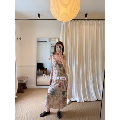 Realzz official一甯章章 南法假日法式V领晕染碎花斜裁连衣裙