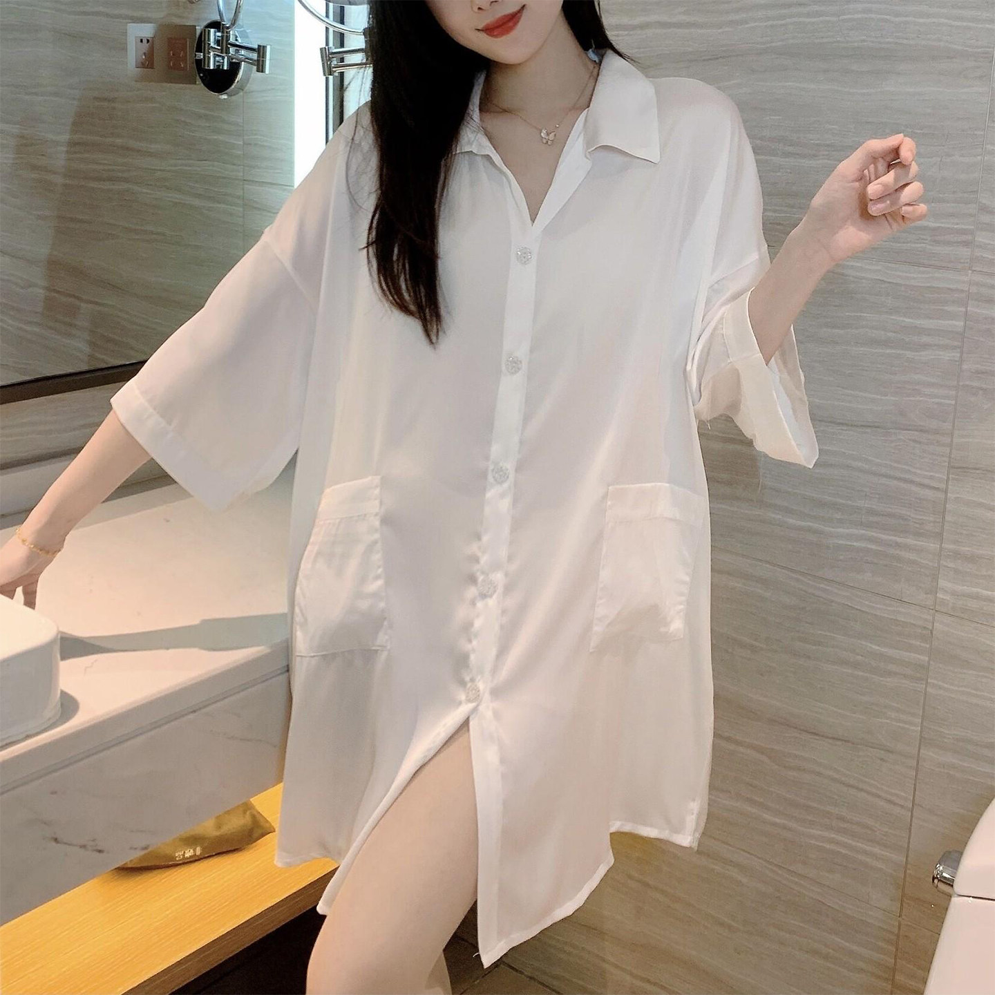 冰丝睡裙女夏季新款双口袋轻奢宽松中袖薄款性感衬衫睡衣裙家居服