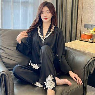 高级感家居服套装 长裤 长袖 春秋性感蕾丝花边冰丝睡衣女士2025新款