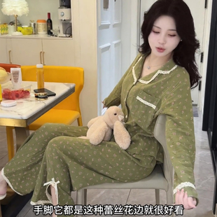高级感复古碎花双层棉纱甜美睡衣女士春秋新款蕾丝花边纯棉家居服