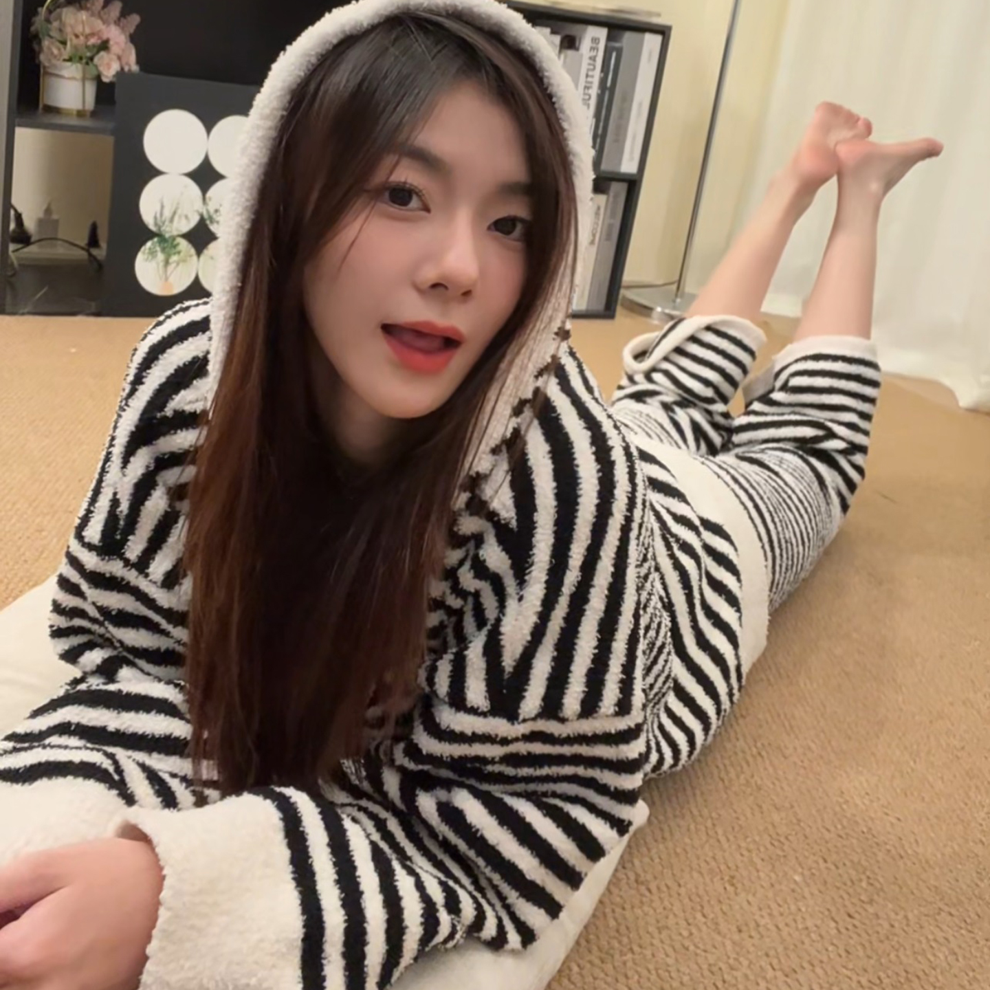 连帽条纹针织半边绒睡衣女家居服