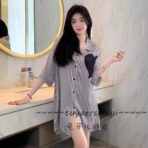 条纹爱心冰丝睡裙女士性感家居服