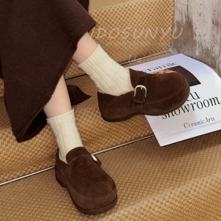 IDO/TT欧货女鞋2025秋冬新款牛猄皮圆头皮带扣保暖羊毛厚底乐福鞋