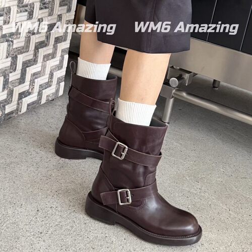 WM6欧货女鞋2026秋冬新款牛皮圆头皮带扣套筒英伦帅气马丁骑士靴