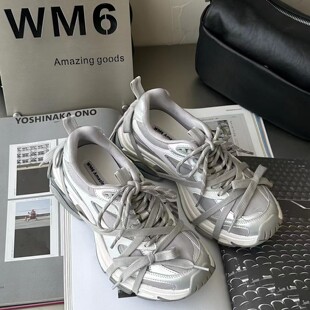 WM6欧货女鞋2026春新款牛皮拼接羽绒布圆头系带蝴蝶结厚底老爹鞋