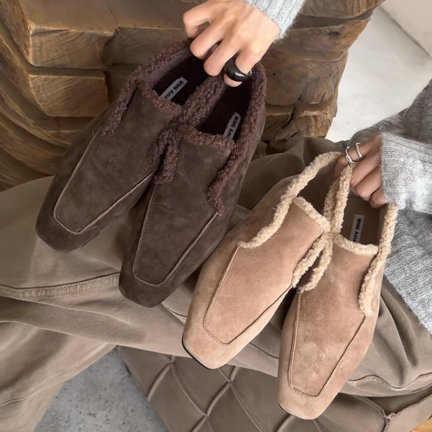 WM6欧货女鞋2025冬季新款牛猄拼羊羔毛方头一脚蹬保暖时尚乐福鞋