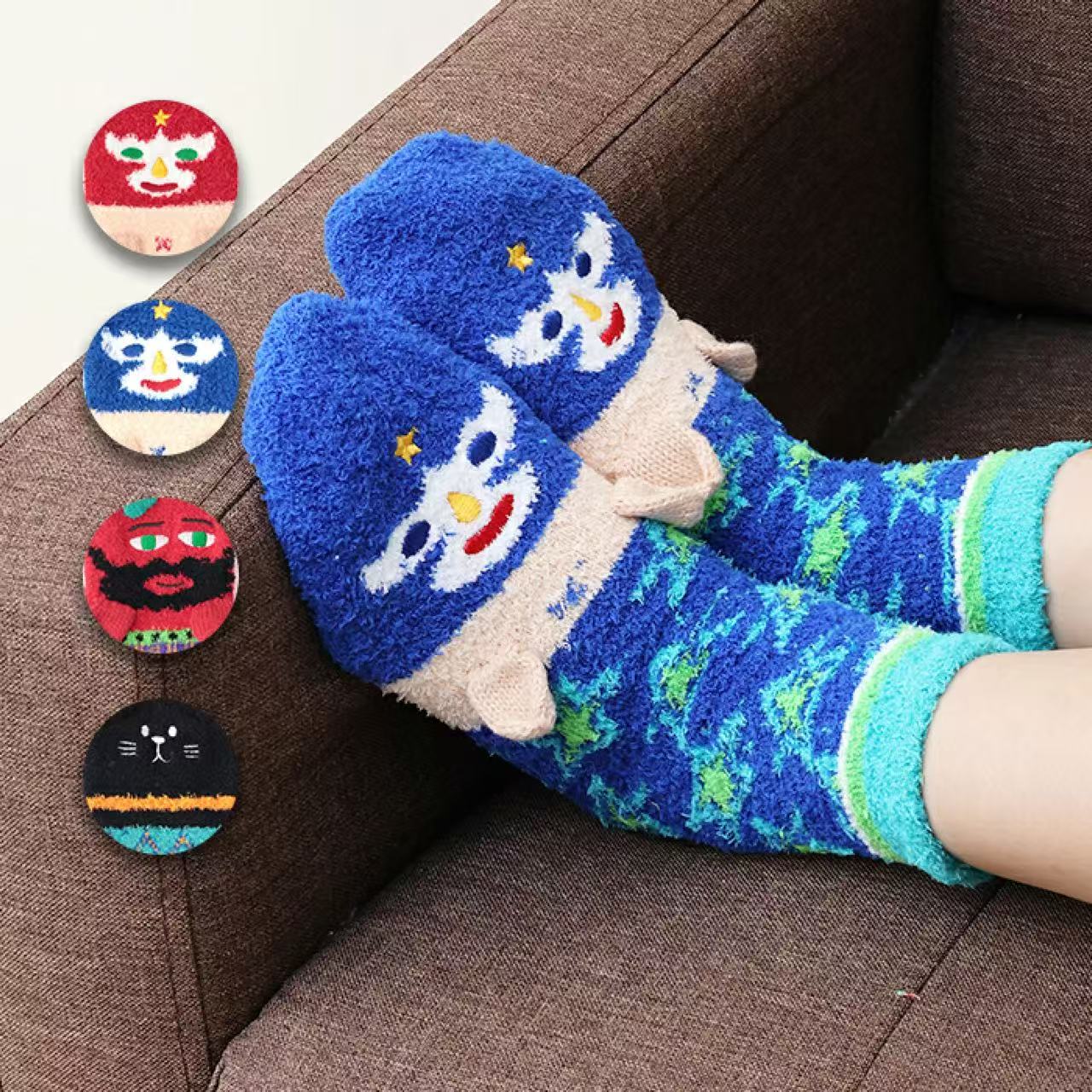 2双包邮 日单1320日元 女士保暖居家袜子卡通加厚毛绒珊瑚绒棉袜