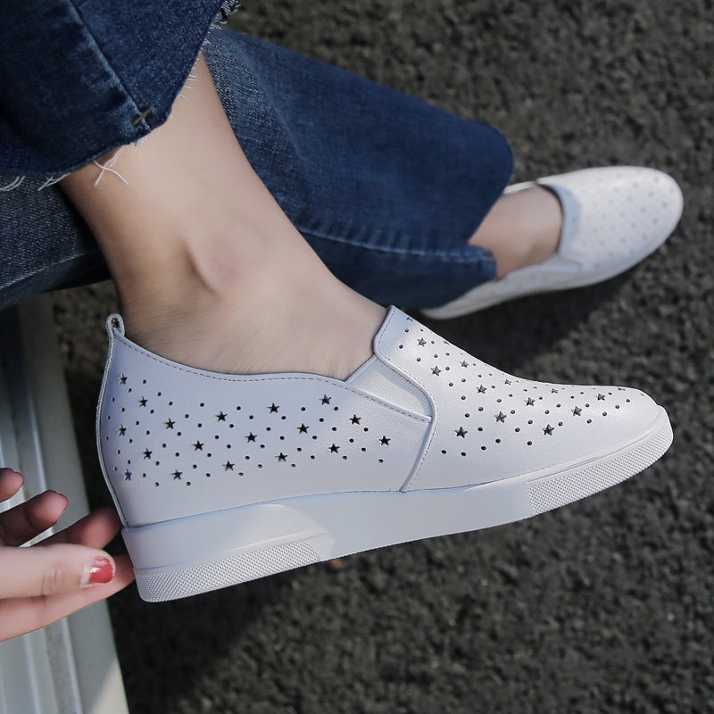 真皮镂空洞洞五角星小白鞋平底内增高单鞋小码乐福鞋女鞋软底皮鞋