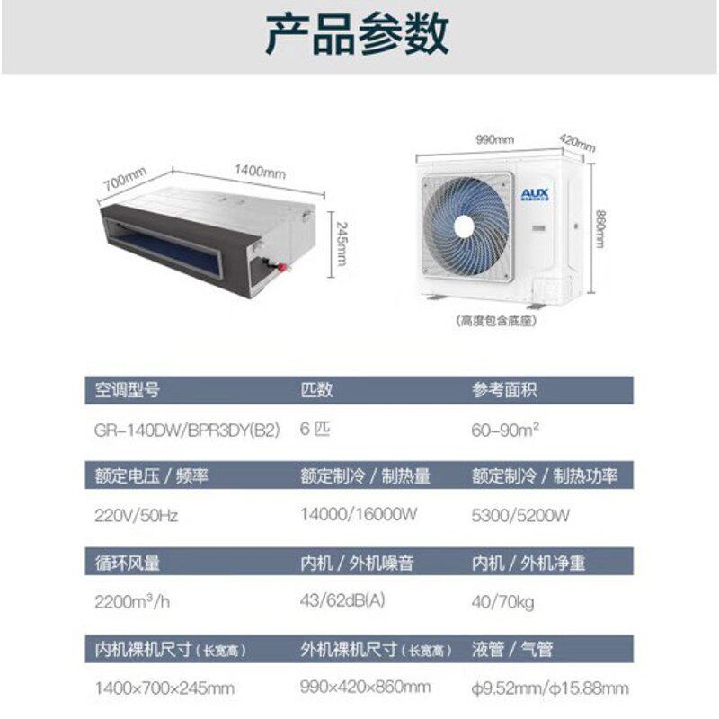 .克斯6匹风管机GR-140DW/BPR3DGMS(B1)一拖一变频商用中央空调二