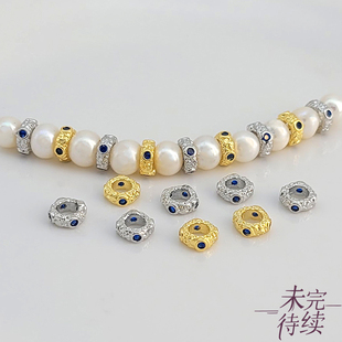18K包金暗纹大孔蓝锆盘缠珠路路通diy编绳串手链项链隔珠散珠配件