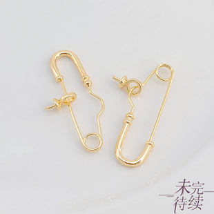 18K包金保色U扣别针带羊眼针空托珍珠吊坠胸针转换器diy手工配件
