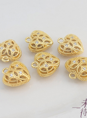 18K包金保色镶钻镂空爱心吊坠diy串珍珠项链手链桃心挂件吊饰配件