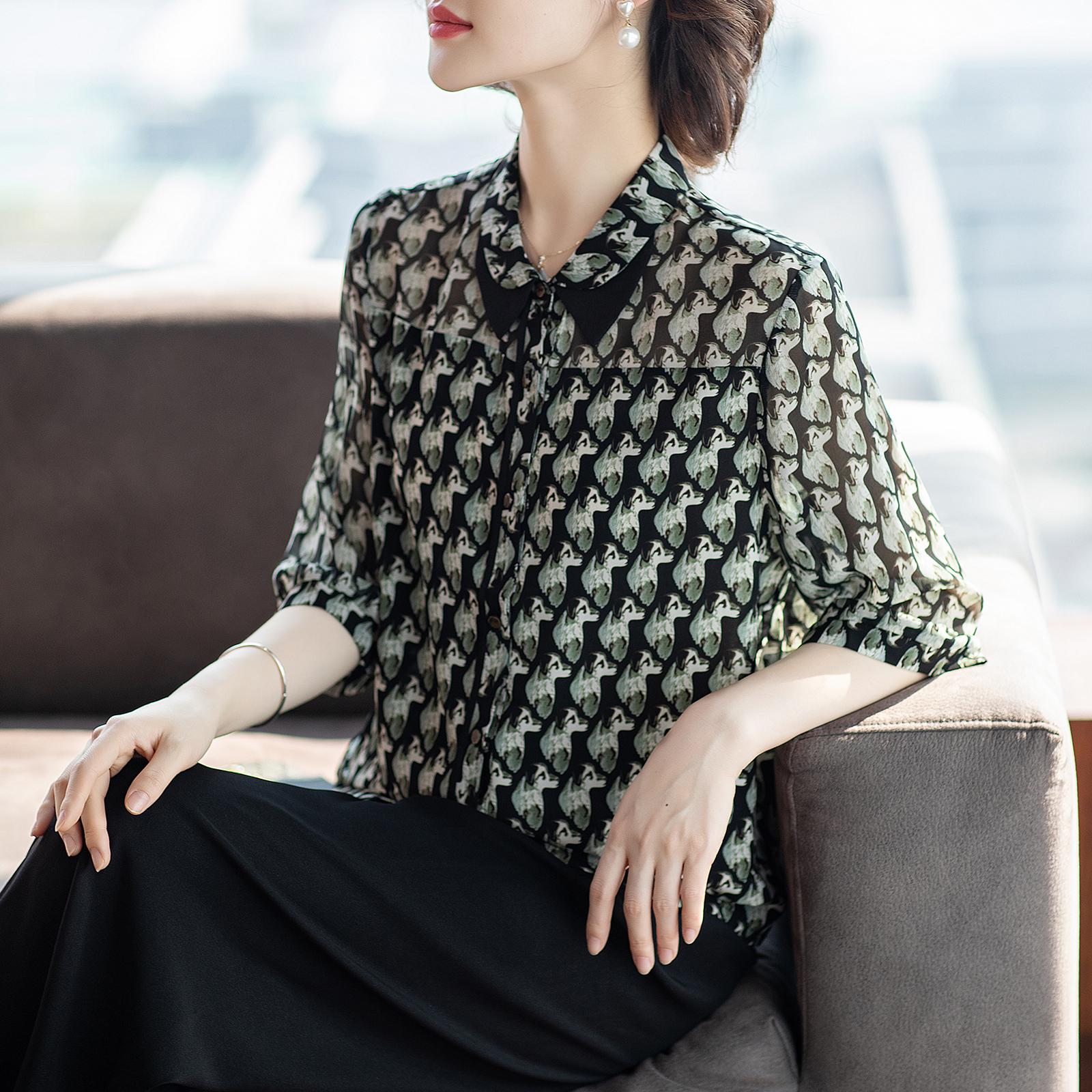 年轻妈妈夏装2024新款洋气40岁雪纺衫套装短袖上衣服中老年女T恤