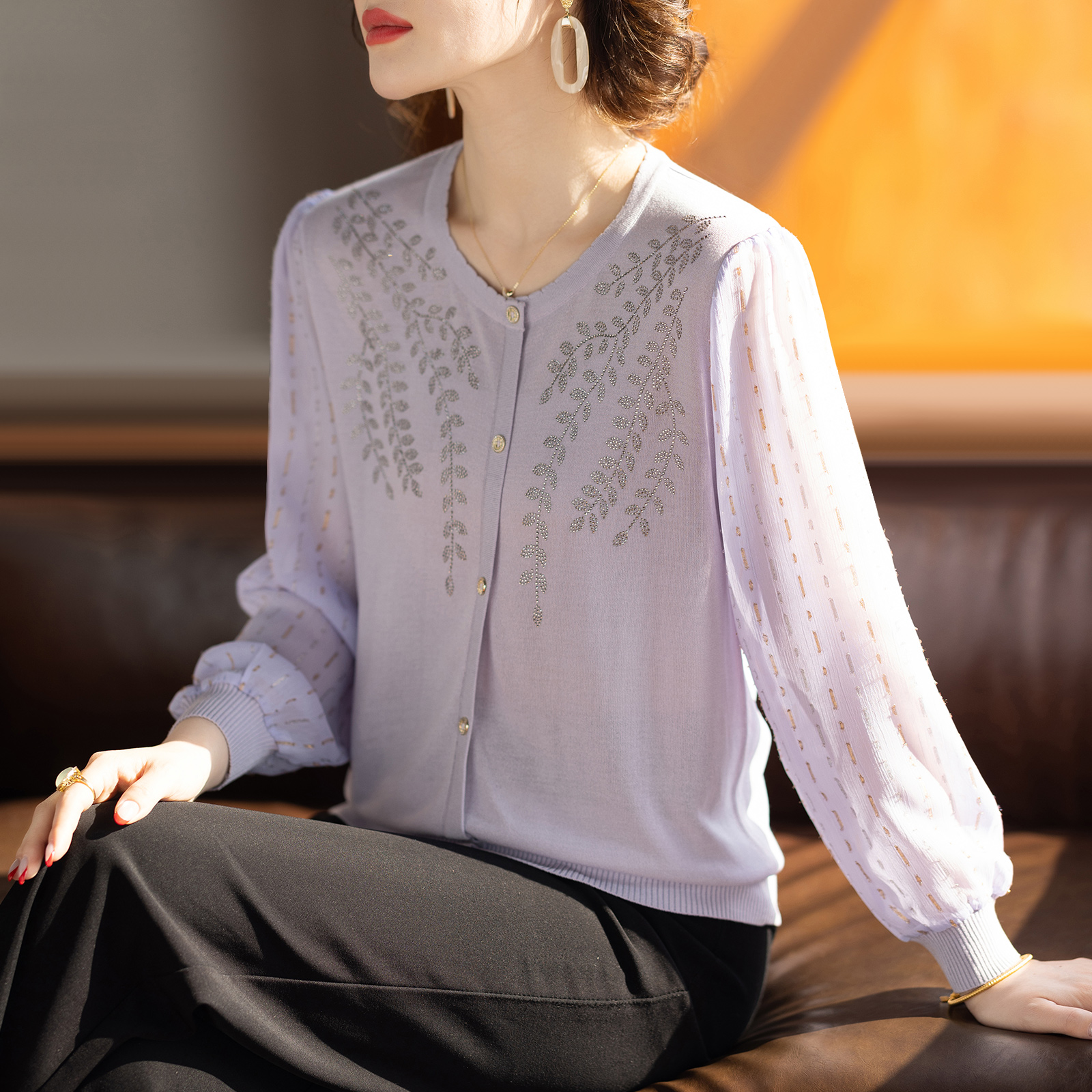 妈妈款洋气高贵小衫2025新款春夏长袖薄款t恤套装中老年女上衣服