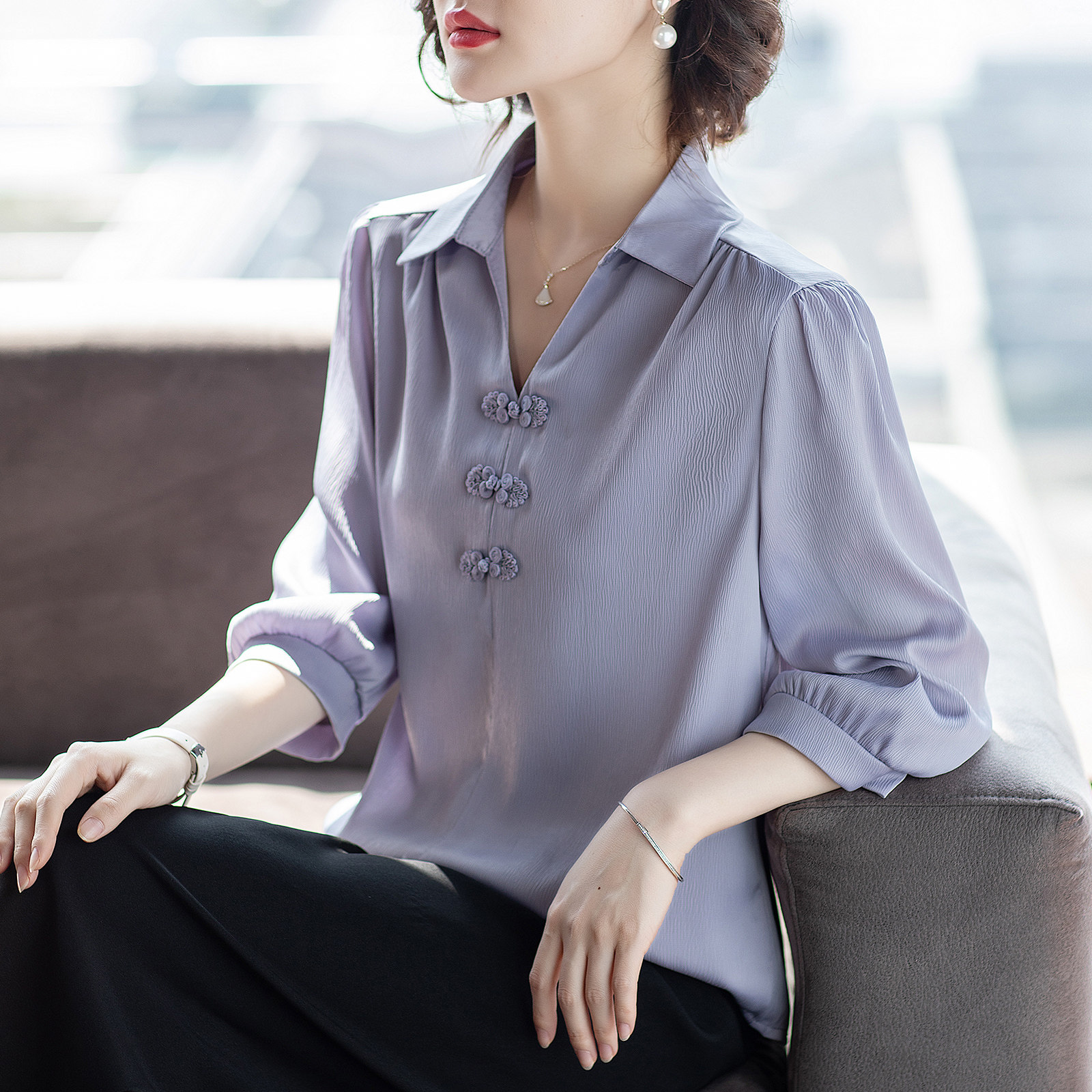 妈妈春夏装休闲套装中年女时尚气质雪纺40岁中老年人洋气T恤上衣