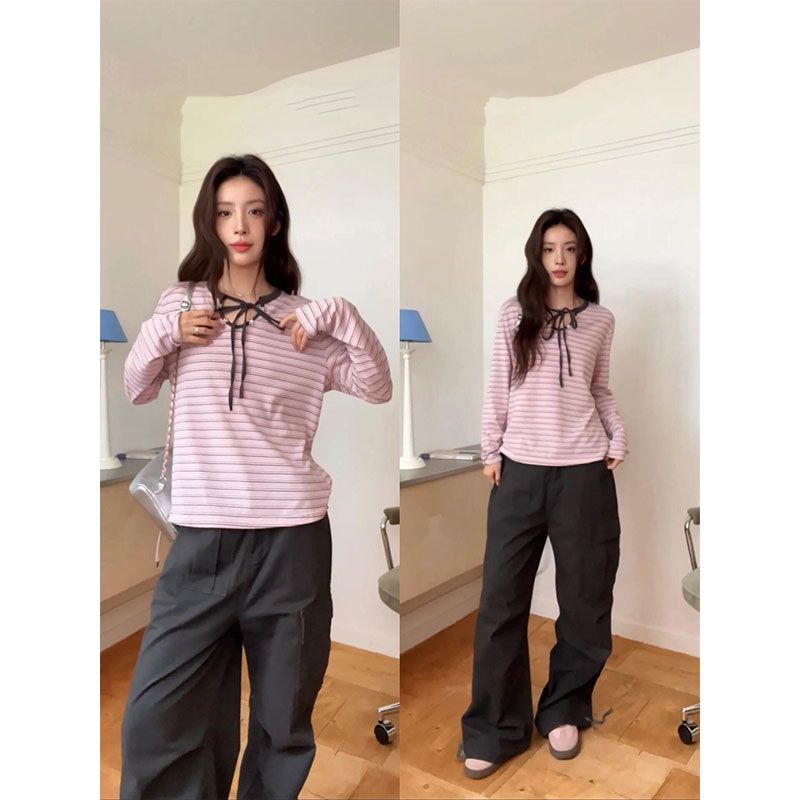 韩系复古风粉色条纹长袖t恤女图片