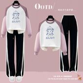 减龄卡通风少女甜美撞色卫衣套装 春秋季 学生休闲运动小个子两件套