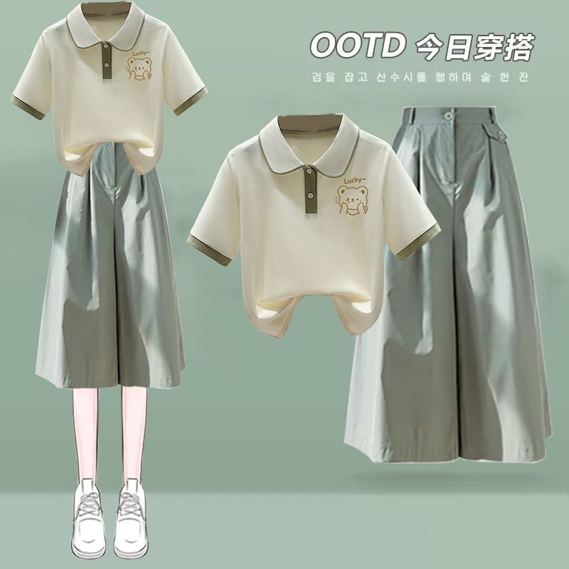 小清新夏季女大童时尚休闲裙裤套装绿色系简约初高中生穿搭一整套
