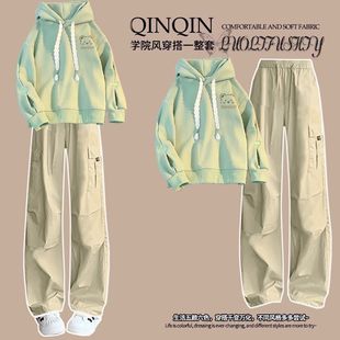 初中生工装时尚套装爱心刺绣连帽卫衣阔腿裤两件套春秋运动穿搭女