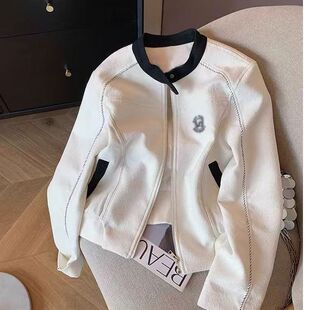 夹克上衣 高智感拼接撞色圆领棒球服外套女春秋牌炸街小众潮酷短款