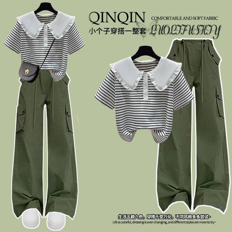 夏季新款甜美娃娃领短袖工装长裤初高中生学院风休闲运动套装潮女