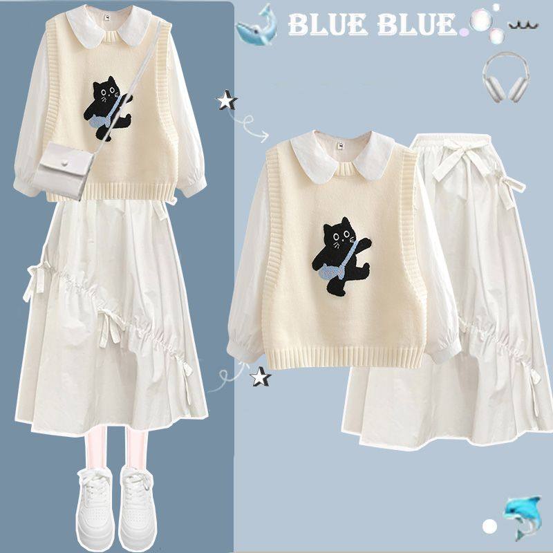 少女可爱减龄学院风白裙套装新款春秋季卡通动漫小清新学生三件套