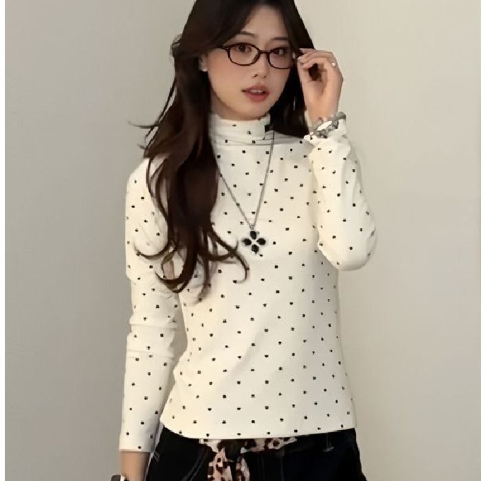 修身半高领波点百搭德绒长袖t恤