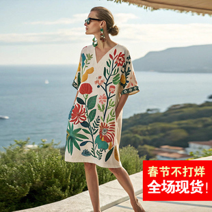 希腊风情复古印花连衣裙新款宽松显瘦中长款裙子海边度假沙滩裙