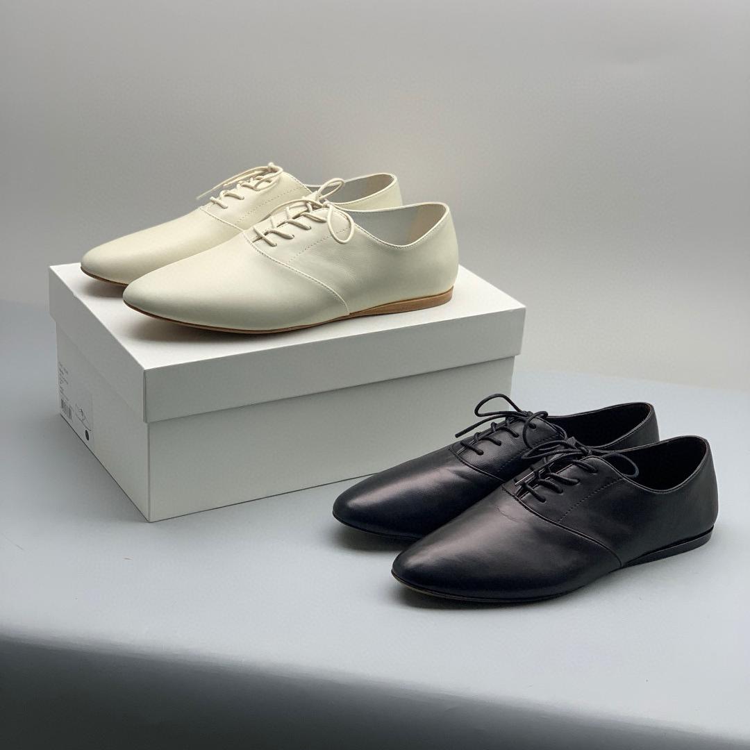 单鞋春夏极简小众羊皮鞋女圆头平跟系带超软德比鞋英伦复古小白鞋