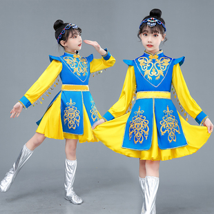 新款蒙古族儿童演出服装女生少数民族风鄂伦春族顶碗舞台表演服饰