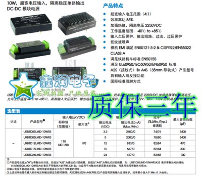 URB1D15LMD-10WR3 10W，超宽电压输入，隔离稳压单路输出 DC-DC