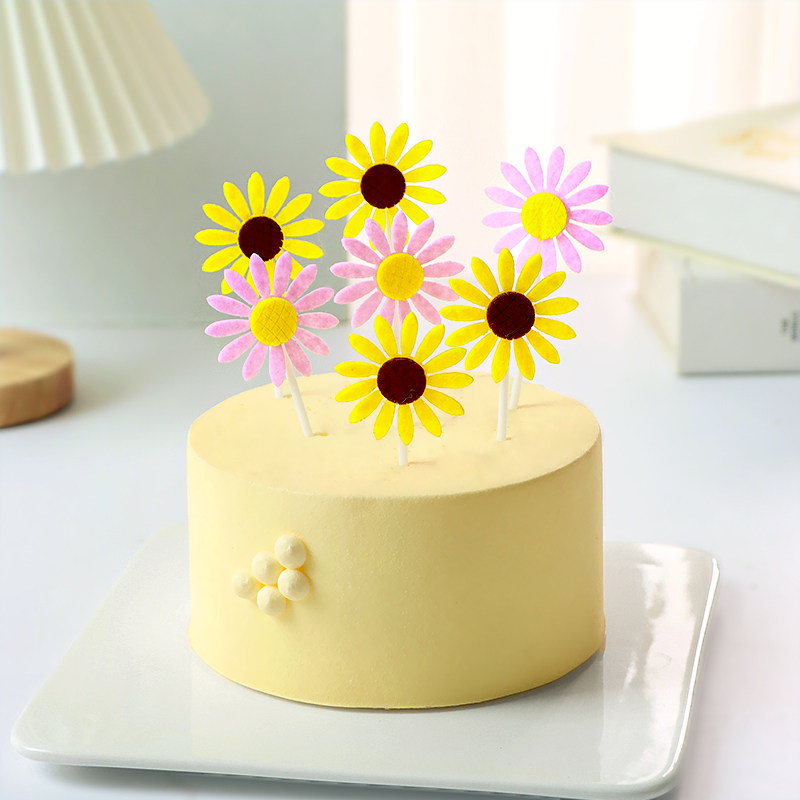 向日葵5只装蛋糕装饰插件小雏菊花太阳花派对甜品装扮彩色花插牌