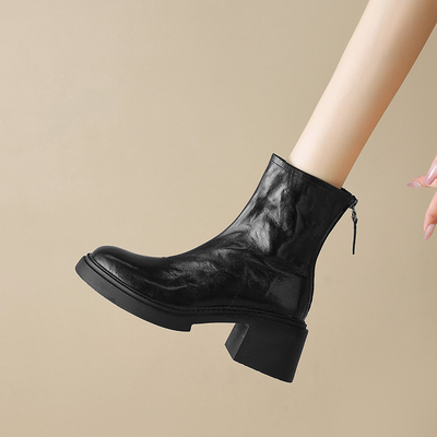 羊皮圆头厚底粗跟马丁靴高跟真皮