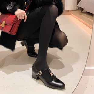 超正版 网红ins凯旋门扣T带粗跟圆头玛丽珍鞋 真皮女单鞋 高跟鞋