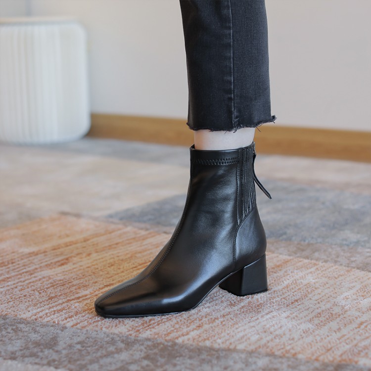 网红百搭圆头高跟弹力靴粗跟短靴