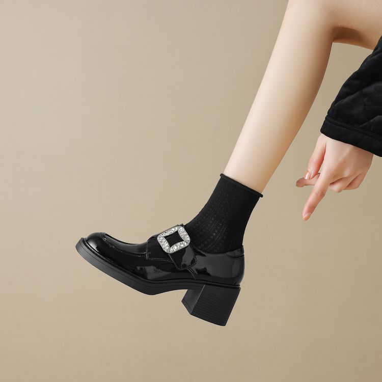 复古JK英伦漆皮圆头粗跟乐福鞋