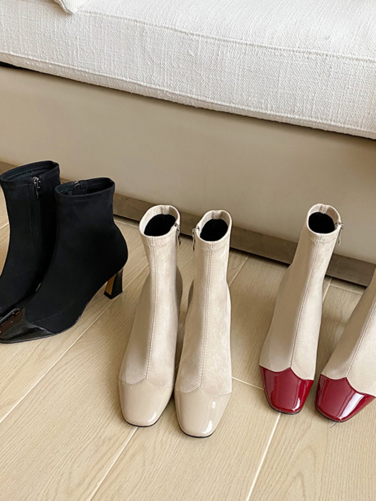 SHA LI  JUMEI INS GENTLE WIND APRICOT SQUARE TOE HIGH HEEL SKINNY SOCK BOOTS VERSATILE STRETCH BOOTS WOMENS SINGLES BOOTS