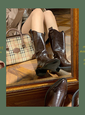 HOTSPOT~棕色中长筒靴女不过膝v口骑士靴单靴高筒西部尖头牛仔靴