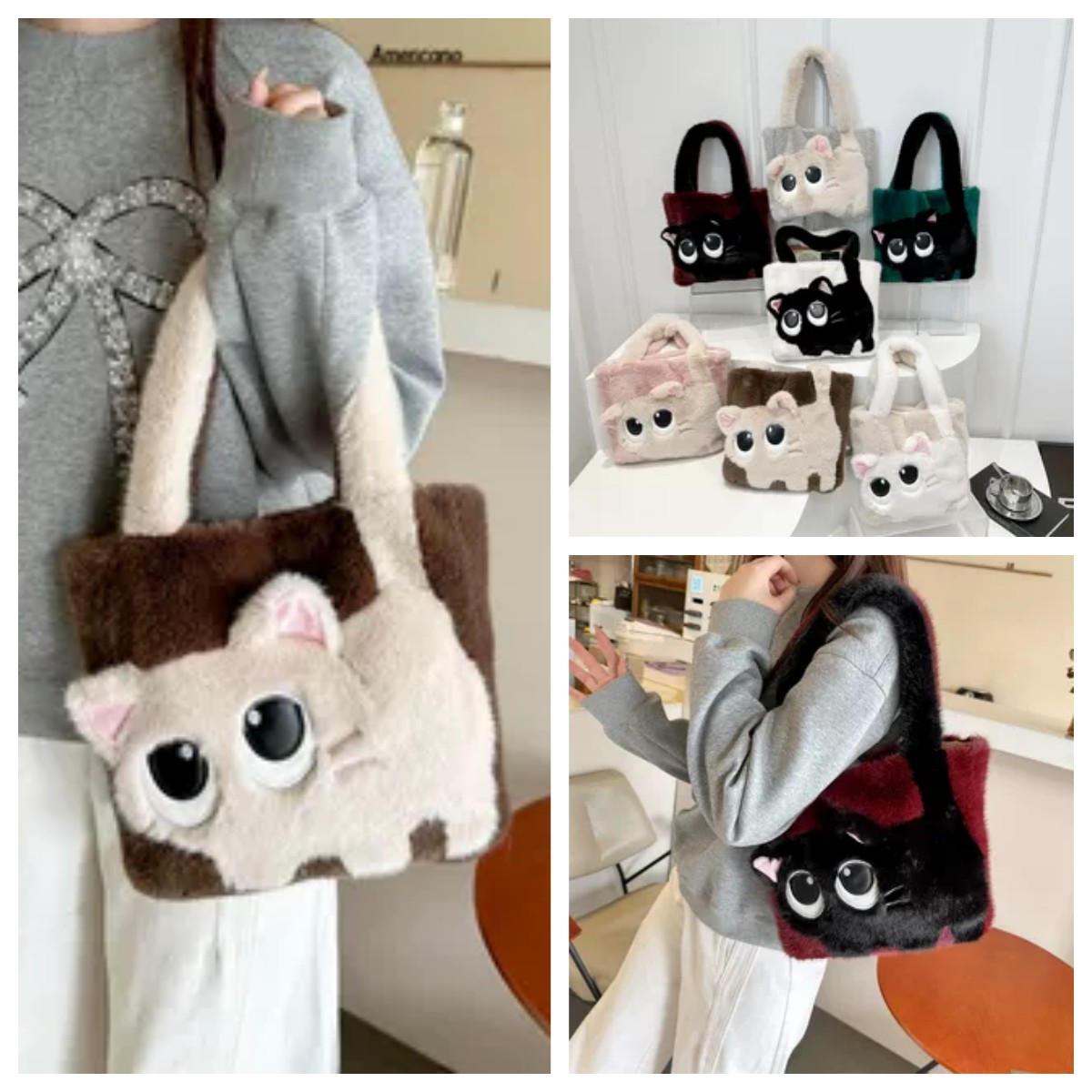 冬季包包女包毛绒秋冬款创意猫咪卡通撞色个性少女刺绣冬天托特包