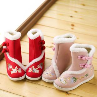 汉服靴子儿童老北京布鞋冬季女童绣花鞋民族风古装宝宝公主棉短靴