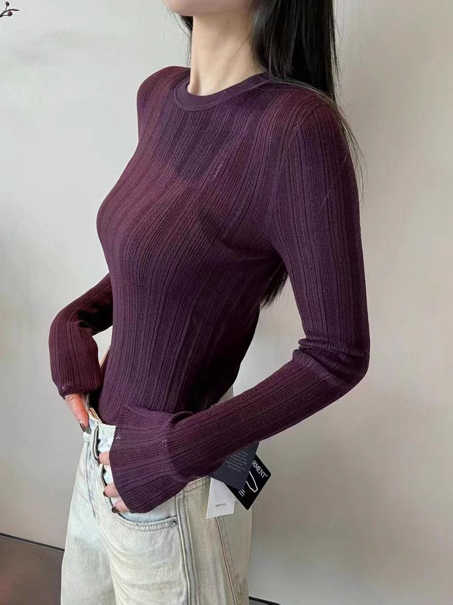 金纯JC*P匠心新款圆领镂空坑条修身18针羊毛打底套头针织衫羊毛衫