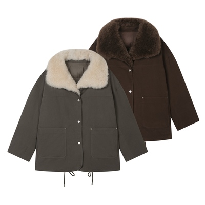 冬季女款工装风山羊绒皮草羽绒服