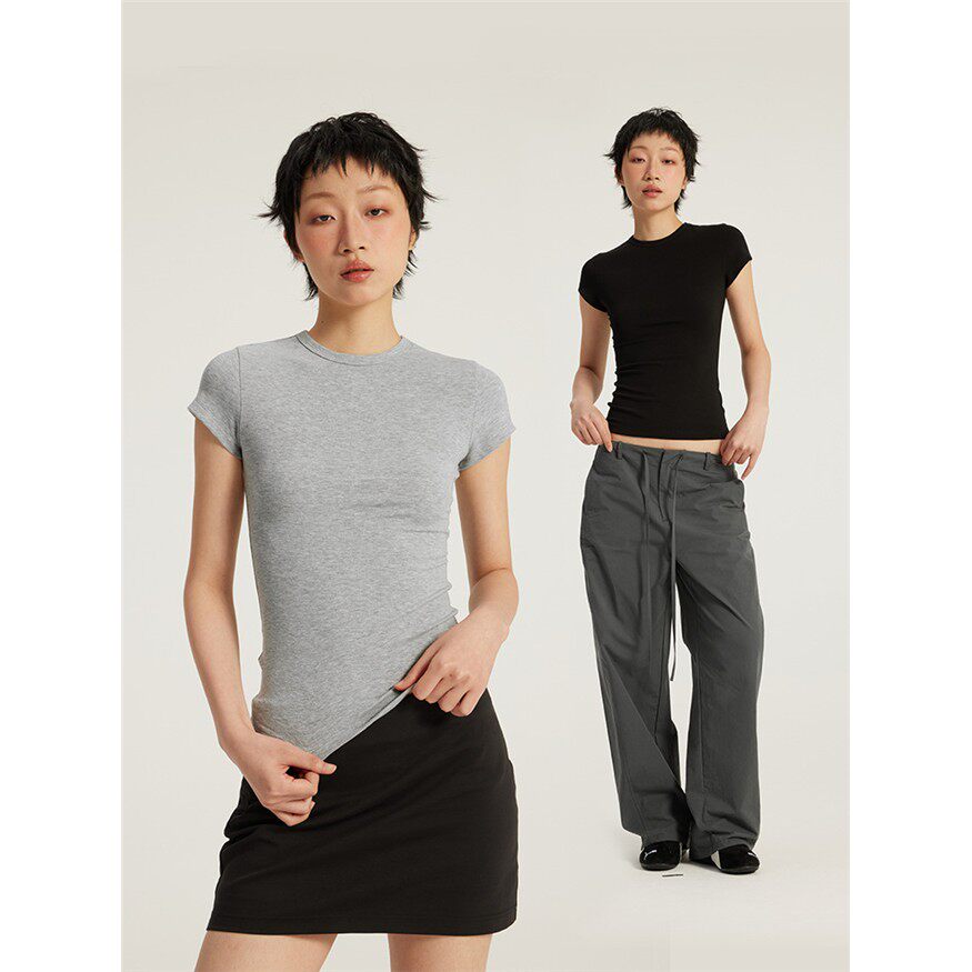 捷展女装|圆领正肩修身T恤26春夏美式辣妹收腰显瘦运动打底短袖女